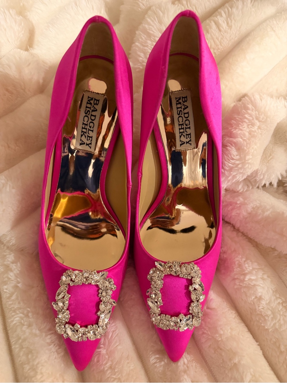 Badgley Mischka Hot Pink Satin Pointed Toe Jeweled Pumps